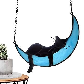 猫　オーナメント　飾り　月 Amazon.co.jp: Zedesey 猫 装飾 ステンドグラス 月 装飾 窓 吊り